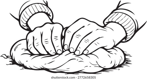 Black and white hand drawn line illustration of woman hands kneading dough. Minimal clean artwork isolated on transparent background for bakery design, recipes, cooking blog, packaging and menu.