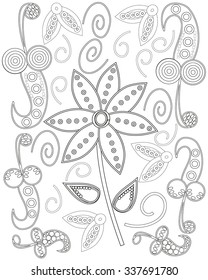 Black and white hand drawn line art ornate flower coloring page design for adults vector