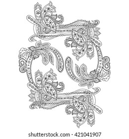 Black and white hand drawn line art ornamental, ethnic flowers design. Adult coloring book. Vector illustration. Indian paisley pattern. Line art ornate design