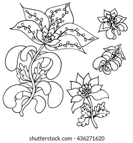 Black and white hand drawn line art ornate flower design. Ink illustration. Adult doodle coloring book. Ukrainian traditional style.