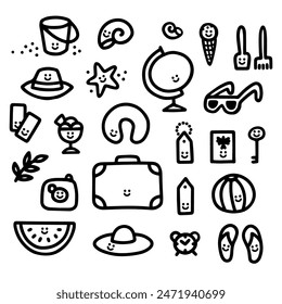 Black and white hand drawn linear smiling doodle travel icon set of vector elements on isolated white background great for stickers printing flyer poster or web 