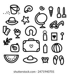 Black and white hand drawn linear smiling doodle travel icon set of vector elements on isolated white background great for stickers printing flyer poster web 