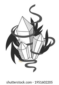 Cristales mágicos dibujados a mano negra y blanca con hojas y cinta. Ilustración vectorial de brujería esotérica.