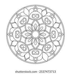 Mão preta e branca desenhada Mandala Contorno Colorir Página a cores - Mandalas Fácil Padrão Círculo Vetor para Kdp.