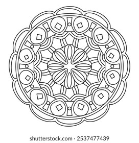 Mão preta e branca desenhada Mandala Contorno Colorir Página a cores - Mandalas Fácil Padrão Círculo Vetor para Kdp.