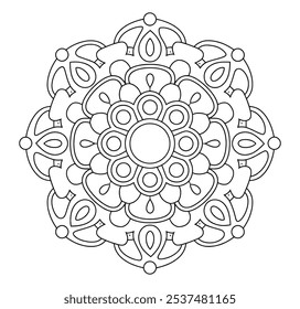 Mão preta e branca desenhada Mandala Contorno Colorir Página a cores - Mandalas Fácil Padrão Círculo Vetor para Kdp.