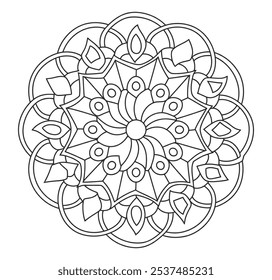 Black and White Hand Drawn Mandala Outline Coloring Page to Color - Simple and Easy Mandalas Pattern Circle Vector for Kdp.