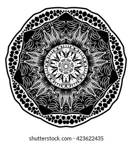 Black and white hand drawn mandala inscription love abstract kaleidoscope vector illustration. Zentangle or adult coloring page