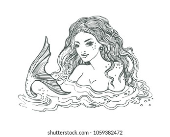 Black and white hand drawn mermaid, on white background, linen vector illustration.