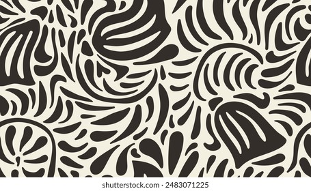 Black and white hand drawn minimal abstract organic shapes seamless pattern. Collage contemporary print. Fashionable template for design