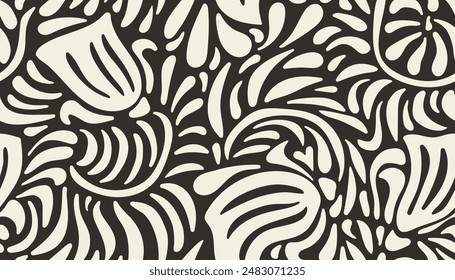 Black and white hand drawn minimal abstract organic shapes seamless pattern. Collage contemporary print. Fashionable template for design