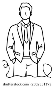 black and white hand drawn minimalist line art black and white businessman standing with his hands in his pants pockets