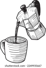 black and white hand drawn moka pot pouring coffee into a cup, vector.