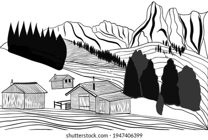 Black And White Hand Drawn Mountain Countryside Scenery. Alaska Mountain View With Hills And Blockhouses. Graphic Vector Illustration Canadian Or Alaska Landscape