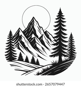 Black and White Hand Drawn Mountain Landscape with Pine Trees
