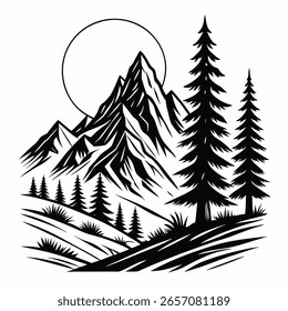 Schwarz-Weiß handgezeichnete Berglandschaft mit Pinien
