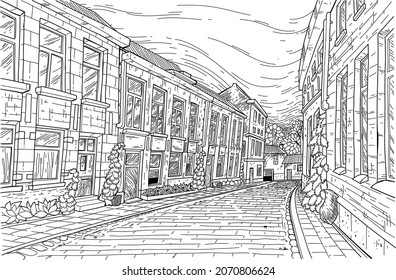 Mano blanca y negra dibujada de la antigua calle de la ciudad. Construyendo vistas a la calle.
