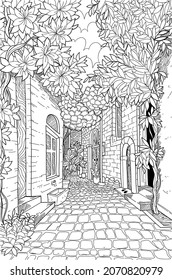 Black and white hand drawn old street in the town. Sketch of house and tree.