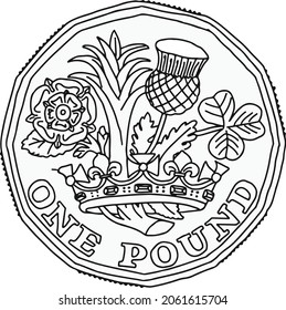 Black and white hand drawn one pound coin, currency of the united kingdom.