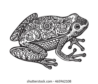 Black and white hand drawn ornate doodle frog in graphic style isolated on white background. Vector illustration with floral decorative ornament.