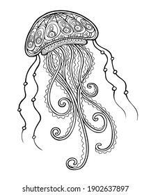 black and white hand drawn outline jellyfish vector illustration coloring book antistress page for posters, stickers, design.