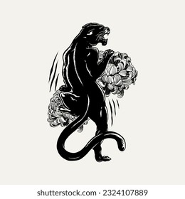black white hand drawn panther and chrysanthemum flower