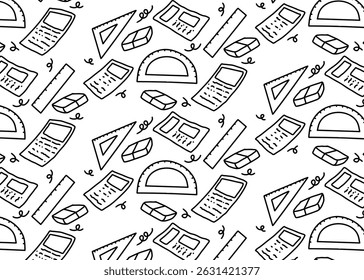 Black and white hand drawn paper scribbles, ruler, eraser abstract, school supplies background pattern