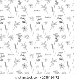 Black and White Hand drawn Pattern Alcohol Herbs Sambuca Recipe Starry Anise Wheat Sugar Black Buzin Anis Sambucus
