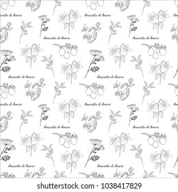 Black and white Hand drawn Pattern Alcohol Herbs Recipe Amaretto di Amore Lemon Vanilla Buzina Anise Almond