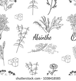 Black and white Hand drawn Pattern Alcohol Herbs Recipe Absinthe Fennel Sagebrush Coriander Chamomile Sugar Anis Licorice