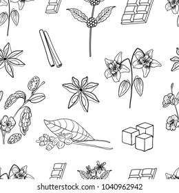 Black and white Hand drawn Pattern with Star Anis, Chocolate, Vanilla, Almond, Cinnamon, Orange Flowers, Coffee Flowers, Sugar