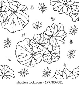 Black and white hand drawn pattern withleaves and curls. For textiles, notebook covers, cards and other printed products. Vector pattern. 