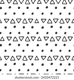 Black and white hand drawn pattern. Row of triangles and dots. Abstract geometric ink texture. Scribbles simple modern background for design. Sketch doodle illustration