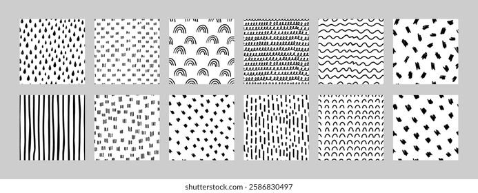 Black and white hand drawn pattern collection with playful designs like raindrops, dots, spirals, and waves. Great for packaging, stationery, backgrounds, or textile projects. Vector illustration