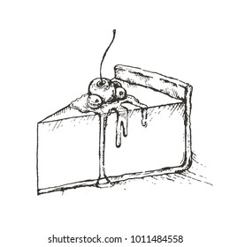black and white hand drawn piece of cheesecake decorated with fresh berries, sketch style vector illustration . Realistic hand drawing of piece, slice of cheesecake Vintage vector illustration.