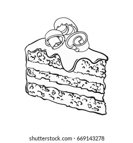 black and white hand drawn piece of layered chocolate cake with icing and shavings, sketch style vector illustration isolated on background. Realistic hand drawing of piece, slice of chocolate cake