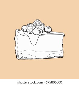 black and white hand drawn piece of cheesecake decorated with fresh berries, sketch style vector illustration isolated. Realistic hand drawing of piece, slice of cheesecake, cheese cake