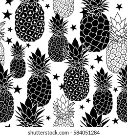 Black and White Hand Drawn Pineapples Vector.  Repeated Geometric Seamless Pattern. great for fabric, packaging, wallpaper, invitations.