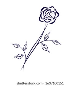 Black and white hand drawn plant lineart. Vector beautiful rose with leaves for tattoo, post cards, coloring. Isolated black decoration element.