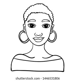 Black and white hand drawn portrait of beautiful African girl with short curly hair and hoop earrings. Vector avatar.