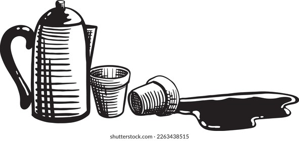 black and white hand drawn pot and cups with spilled drink. vector.