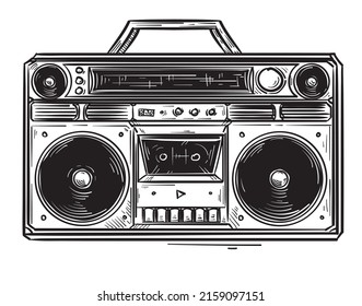 Black and white hand drawn retro 80s musical boombox tape recorder