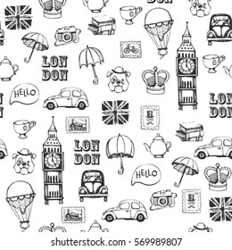 black and white hand drawn retro british pattern