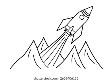 Lanzamiento de cohete dibujado a mano en blanco y negro sobre picos de montaña simples