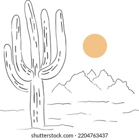 Cactus de saguaro dibujados a mano negra y blanca y montañas con sol naranja. Impresión minimalista de vibraciones del desierto. Ilustración vectorial de arte de línea del suroeste estadounidense.