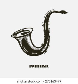 black and white hand drawn saxophone, isolated on white, collection of musical instruments