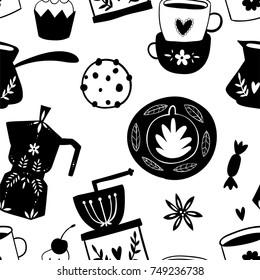 Black and white hand drawn scandinavian style seamless pattern with cute cookie, duo coffee maker illustrations. Vector eps 10