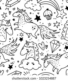 Black and white hand drawn seamless pattern with unicorns, rainbows confetti and other elements. Vector background doodle or cartoon style.