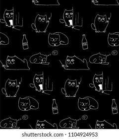 black and white hand drawn seamless pattern with cats. vector illustration