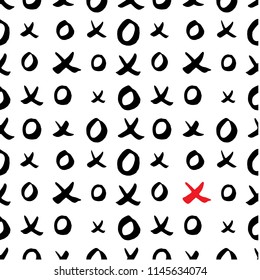 Black and white hand drawn seamless pattern with x and o symbols on white background. Endless grunge backdrop with repeating cross and zero or xo sign, ink strokes vector illustration